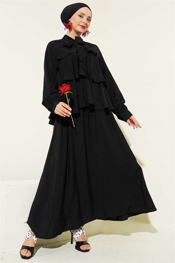 Black Layered Skirt 2 Piece Set with Neckline Tie