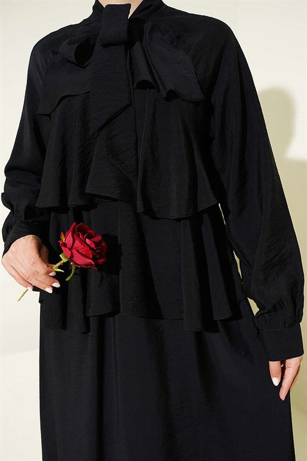 Black Layered Skirt 2 Piece Set with Neckline Tie