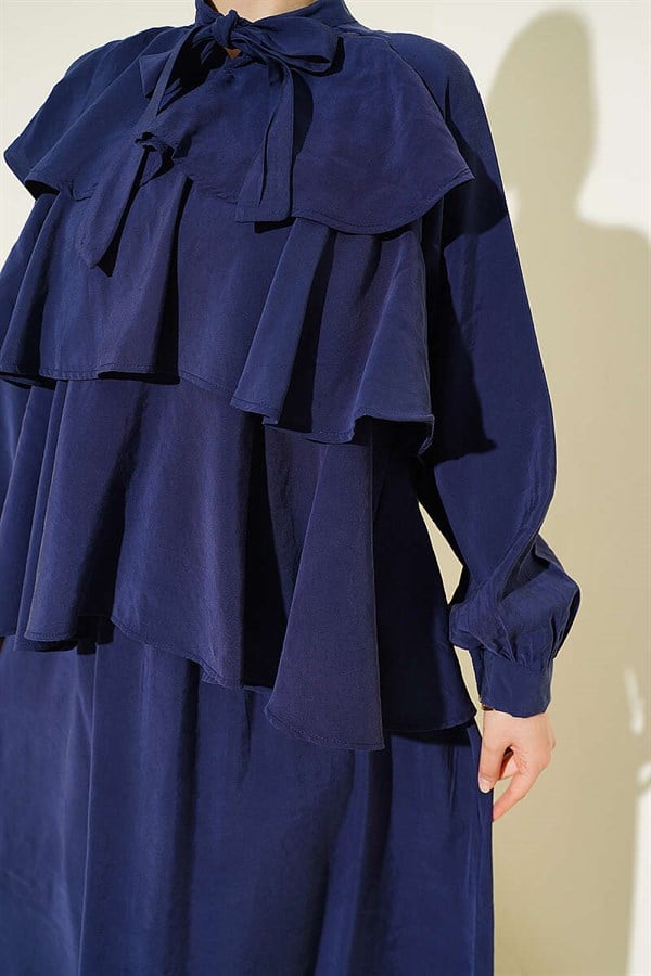 Navy Blue Layered Modal Skirt Suit with Neckline Tie
