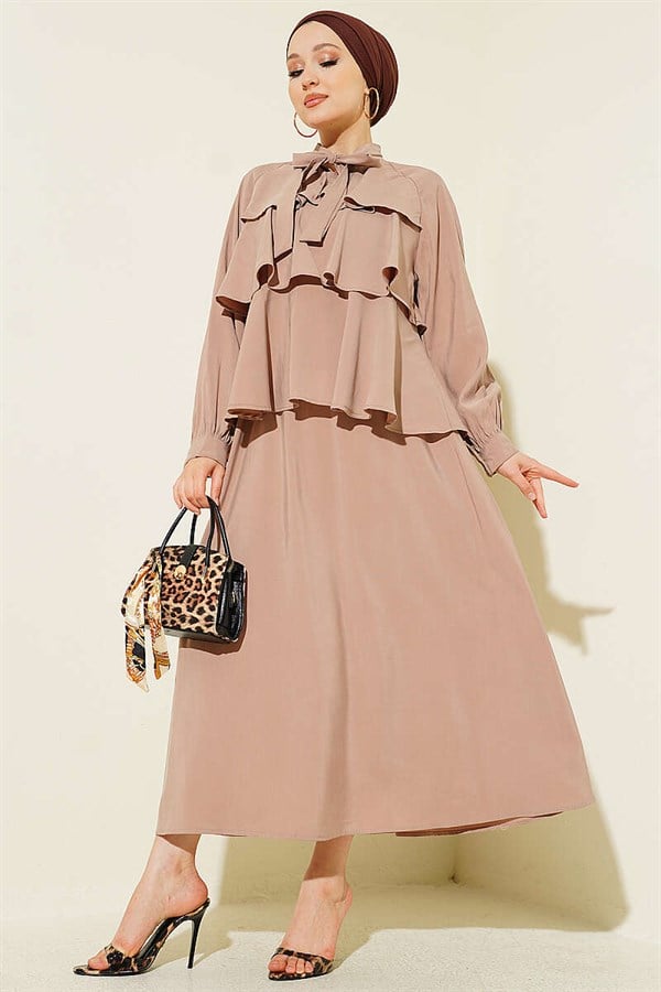Layered Modal Skirt 2 Piece Set with Neckline Tie, Mink Color