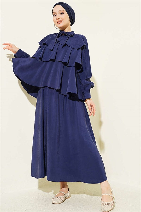 Navy Blue Layered Modal Skirt Suit with Neckline Tie