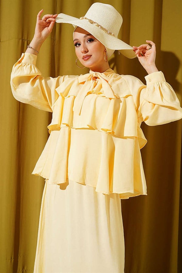 Yellow Layered Modal Skirt 2 Piece Set with Neckline Tie