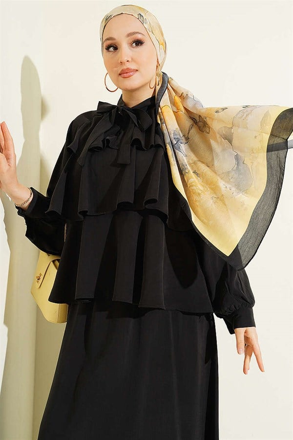 Black Layered Modal Skirt 2 Piece Set with Neckline Tie