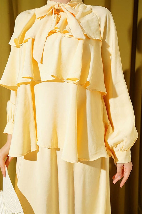 Yellow Layered Modal Skirt 2 Piece Set with Neckline Tie