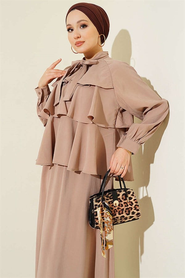 Layered Modal Skirt 2 Piece Set with Neckline Tie, Mink Color