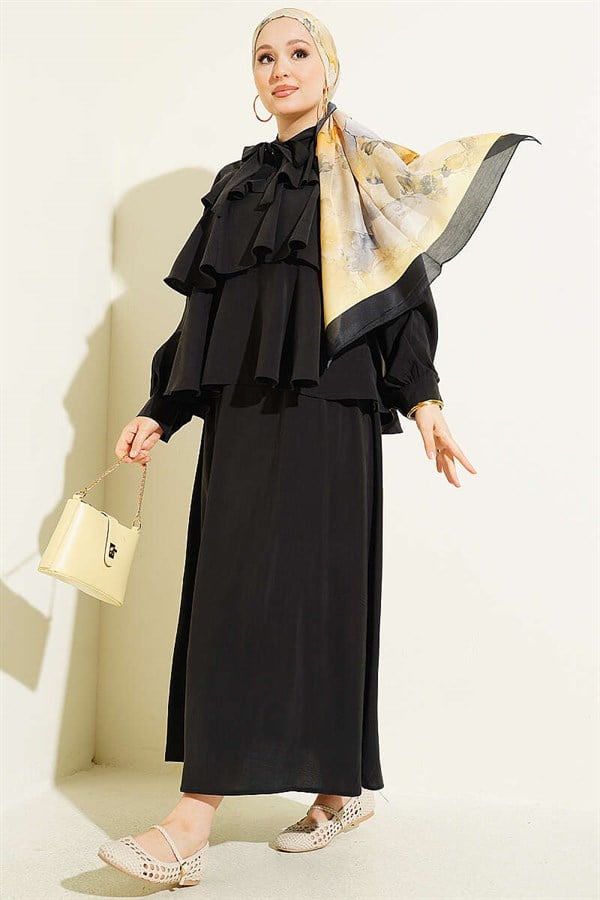 Black Layered Modal Skirt 2 Piece Set with Neckline Tie