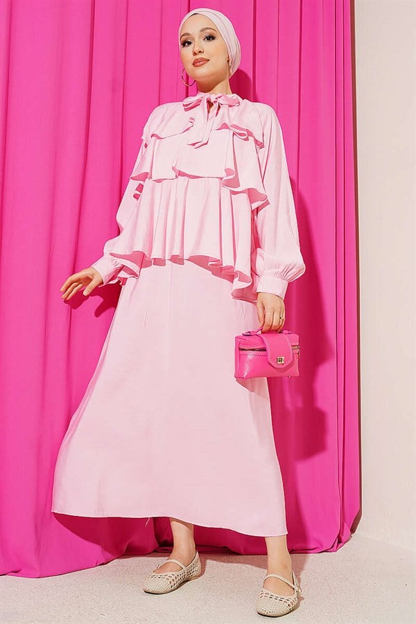 Pink Layered Modal Skirt 2 Piece Set with Neckline Tie