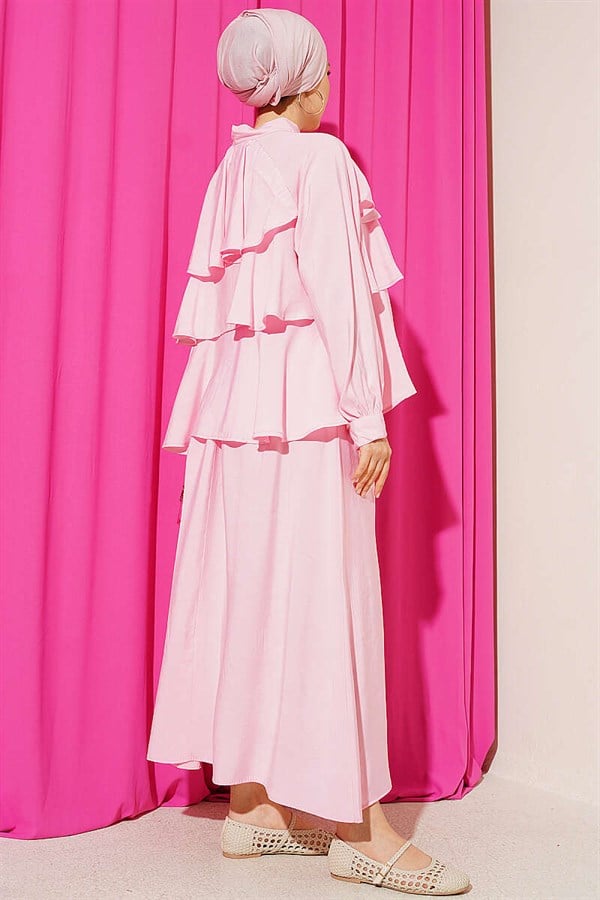Pink Layered Modal Skirt 2 Piece Set with Neckline Tie