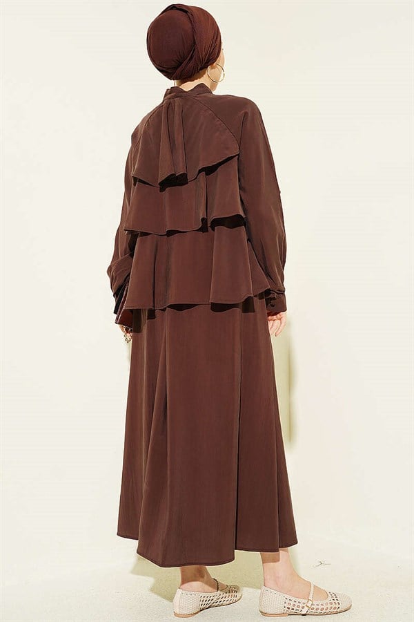 Neckline Tie Layered Modal Skirt 2 Piece Set in Coffee Brown