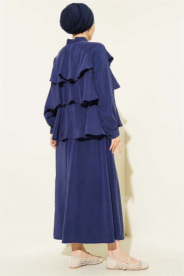 Navy Blue Layered Modal Skirt Suit with Neckline Tie