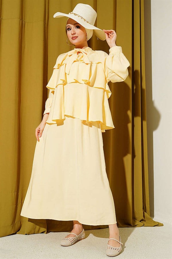 Yellow Layered Modal Skirt 2 Piece Set with Neckline Tie