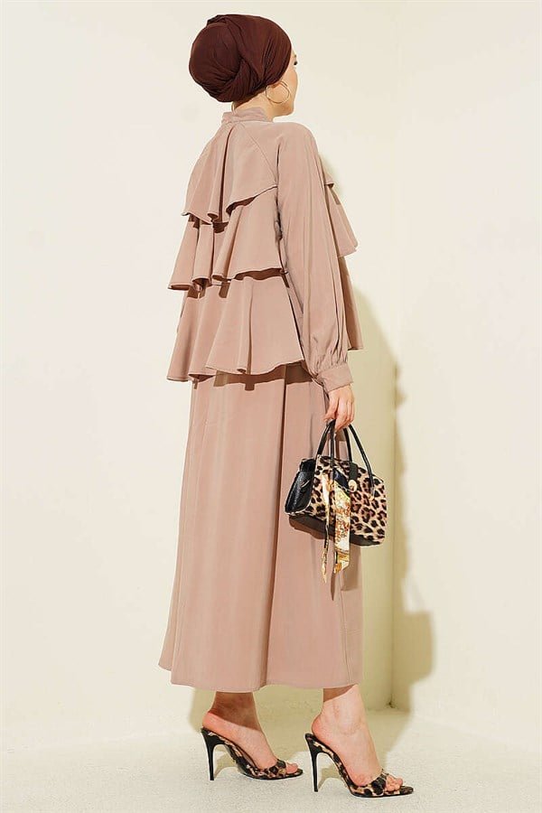 Layered Modal Skirt 2 Piece Set with Neckline Tie, Mink Color