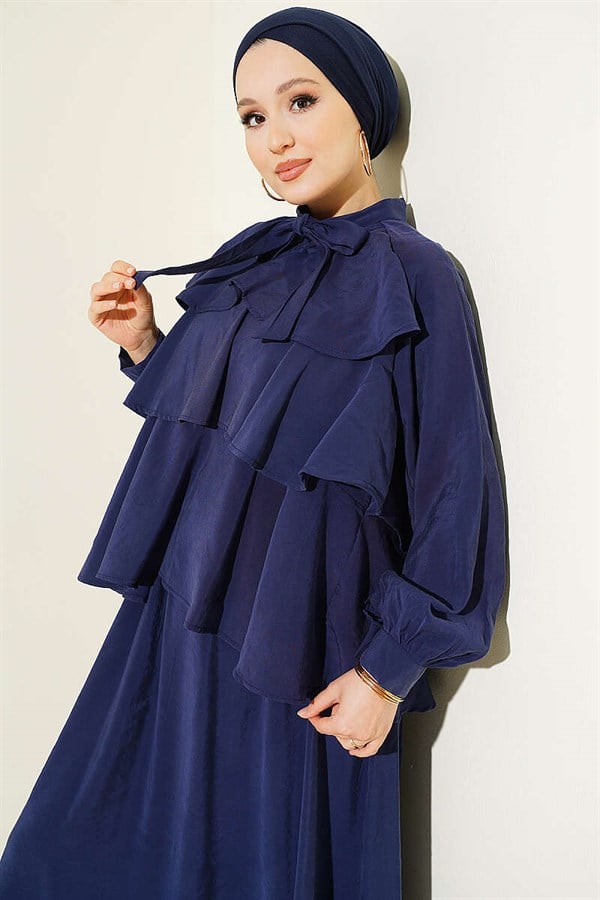 Navy Blue Layered Modal Skirt Suit with Neckline Tie