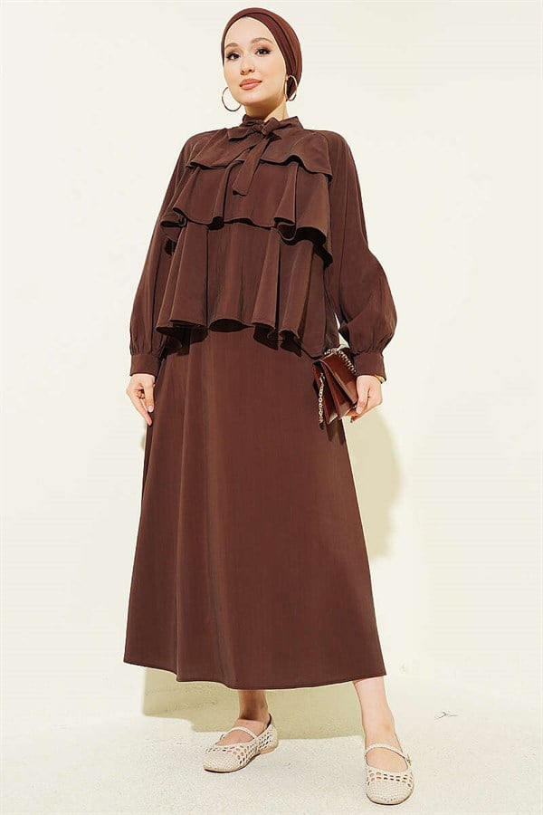 Neckline Tie Layered Modal Skirt 2 Piece Set in Coffee Brown