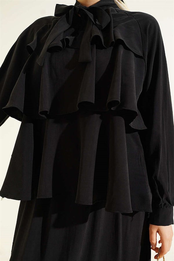 Black Layered Modal Skirt 2 Piece Set with Neckline Tie