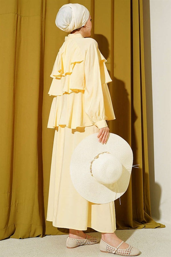 Yellow Layered Modal Skirt 2 Piece Set with Neckline Tie