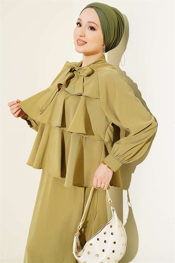 Layered Modal Skirt 2 Piece Set with Neckline Tie, Light Green