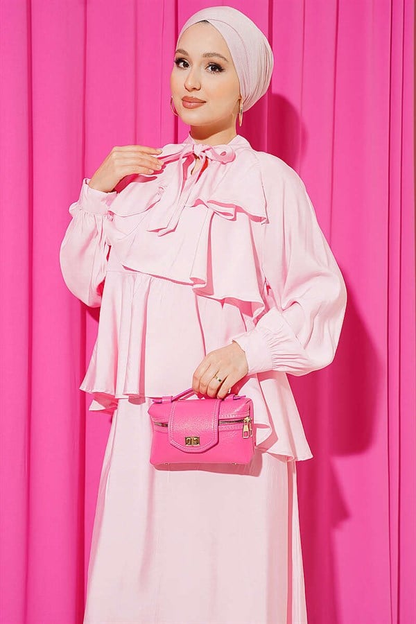 Pink Layered Modal Skirt 2 Piece Set with Neckline Tie