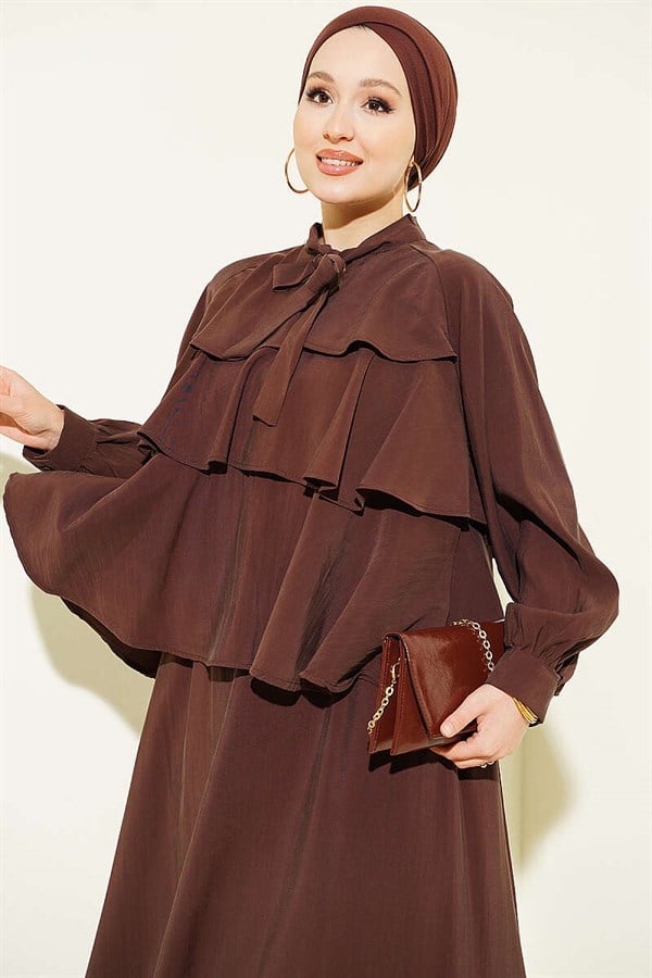 Neckline Tie Layered Modal Skirt 2 Piece Set in Coffee Brown