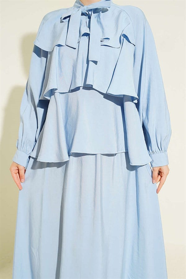 Blue Layered Modal Skirt 2 Piece Set with Neckline Tie