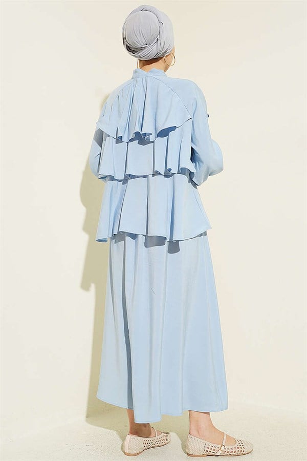 Blue Layered Modal Skirt 2 Piece Set with Neckline Tie