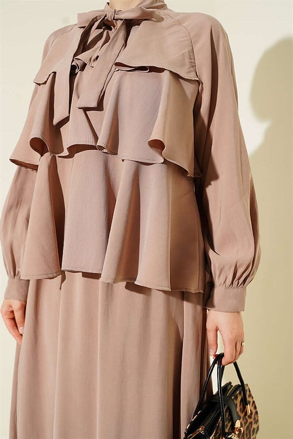 Layered Modal Skirt 2 Piece Set with Neckline Tie, Mink Color