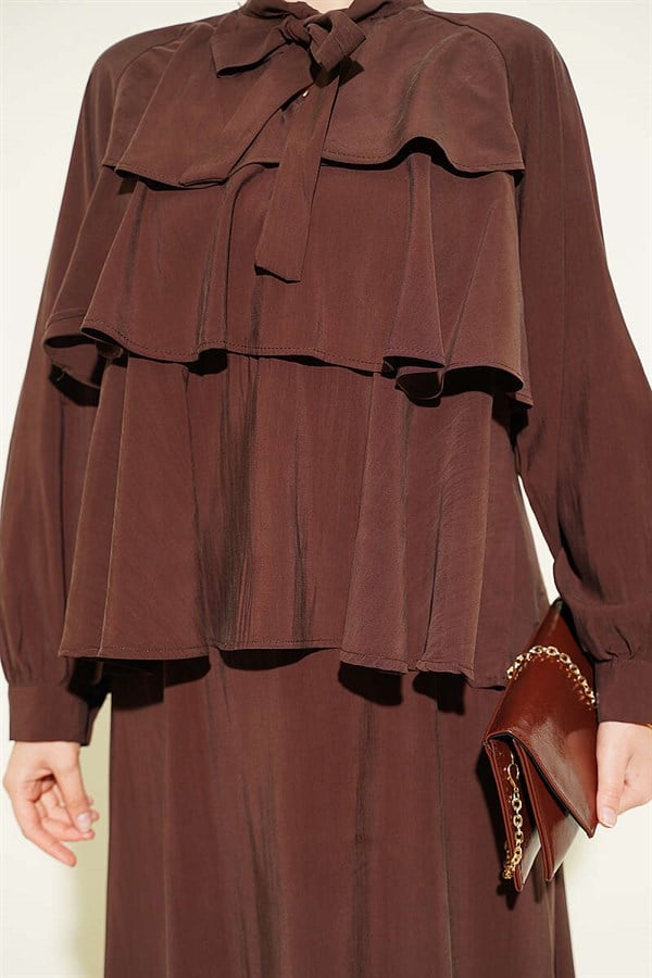 Neckline Tie Layered Modal Skirt 2 Piece Set in Coffee Brown