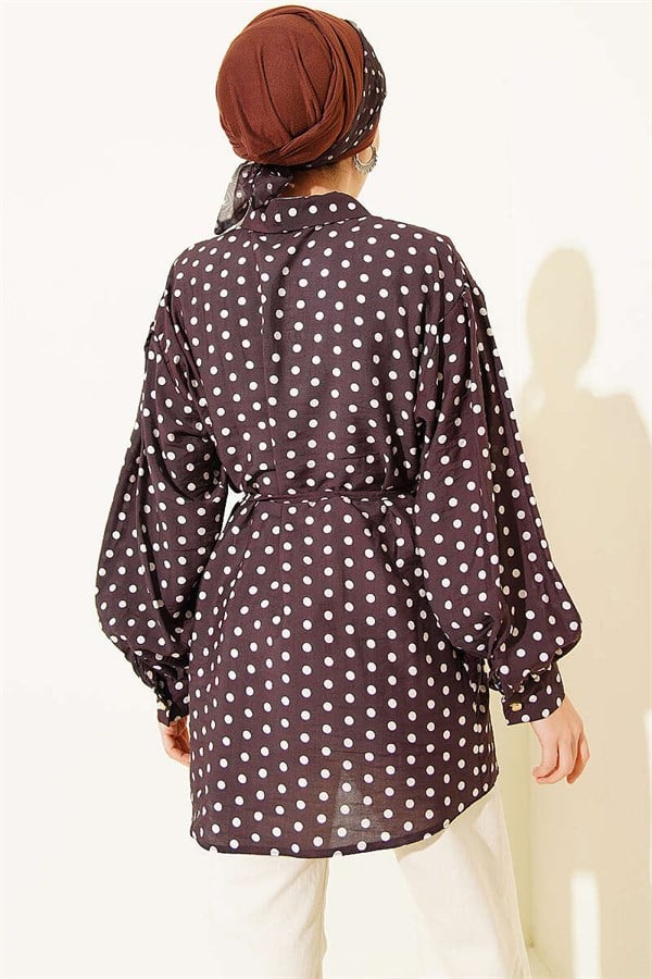 Polka Dot Shirt with Tie Neckline, Dark Brown