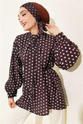 Polka Dot Shirt with Tie Neckline, Dark Brown