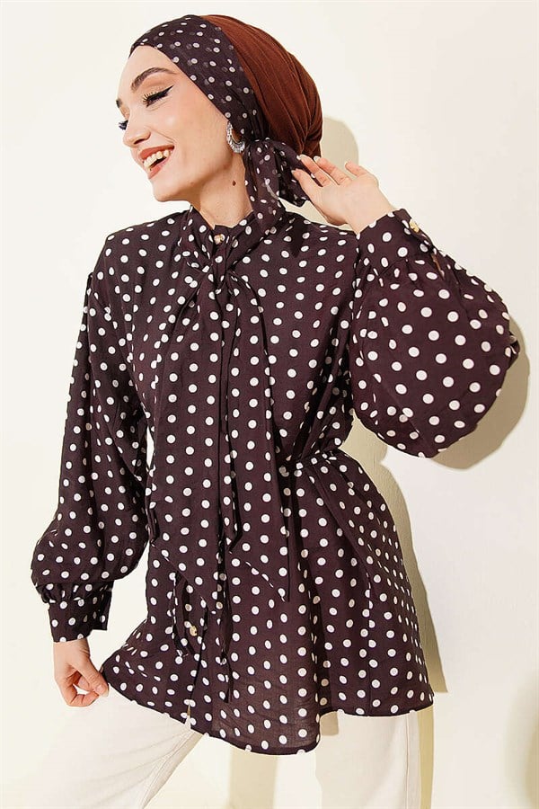 Polka Dot Shirt with Tie Neckline, Dark Brown