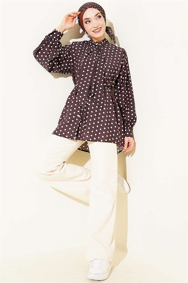 Polka Dot Shirt with Tie Neckline, Dark Brown