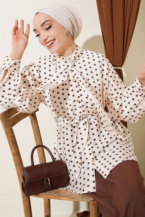 Polka Dot Shirt with Tie Collar, Beige