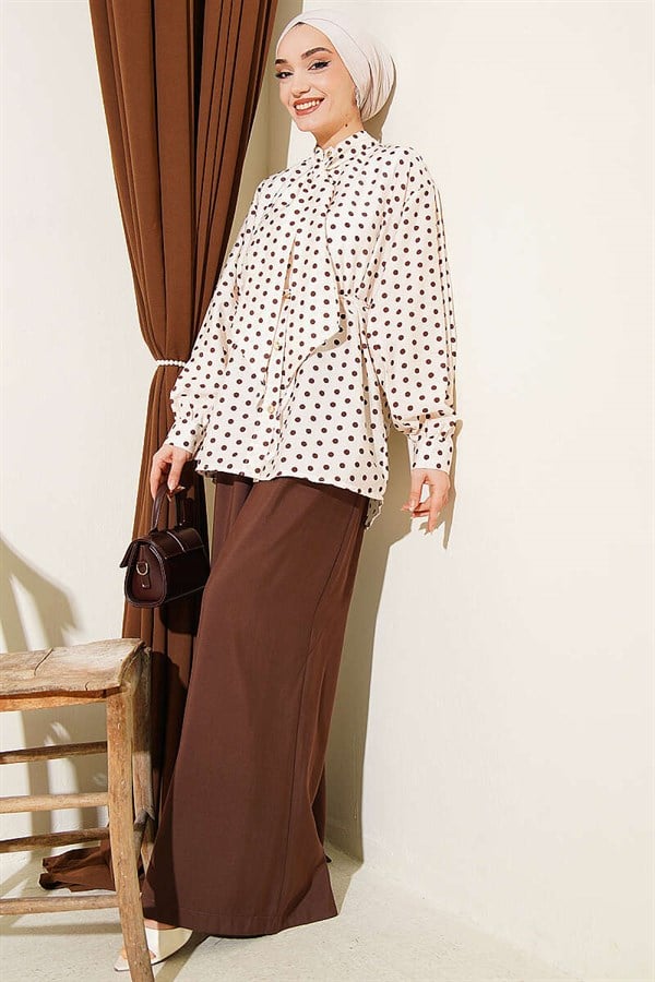 Polka Dot Shirt with Tie Collar, Beige