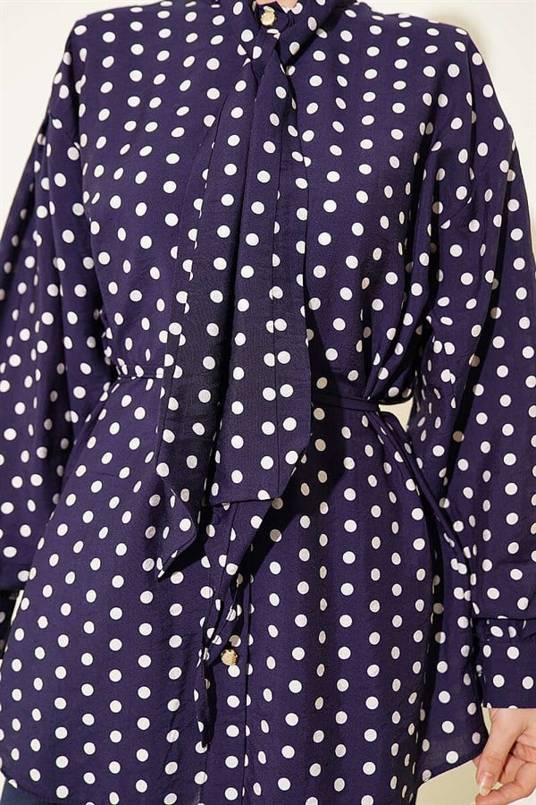 Navy Polka Dot Shirt with Tie Collar