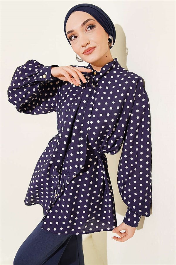 Navy Polka Dot Shirt with Tie Collar