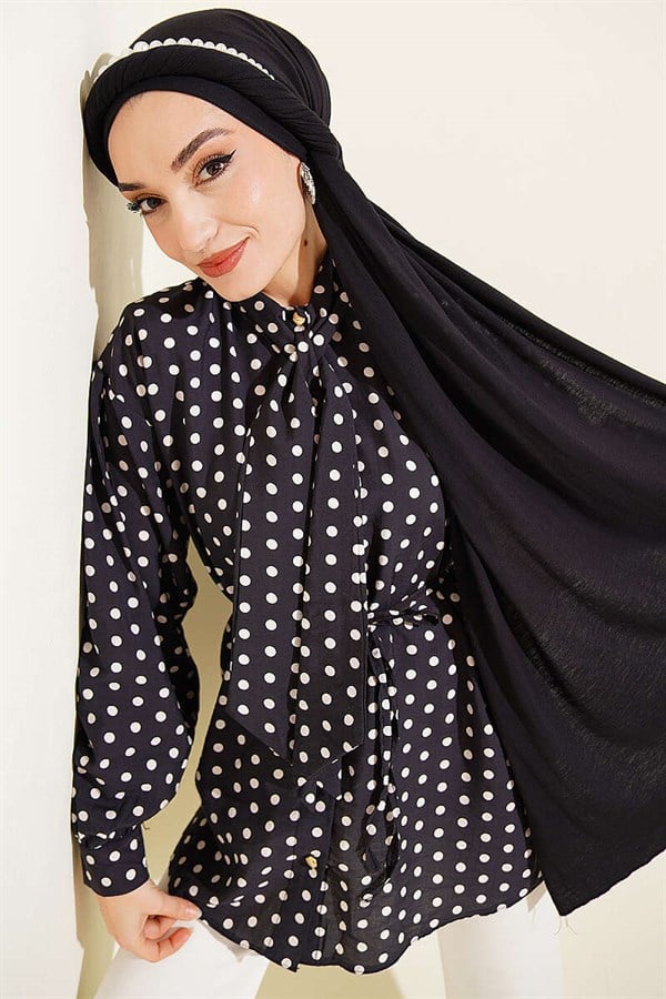 Polka Dot Shirt with Tie Neckline, Black