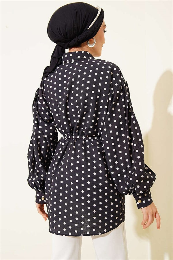 Polka Dot Shirt with Tie Neckline, Black