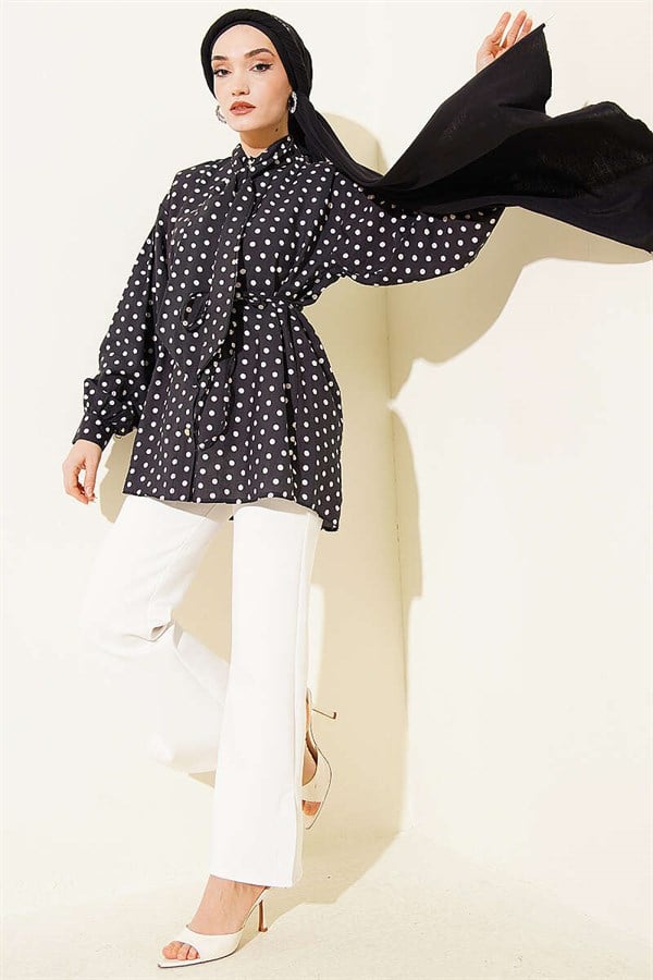 Polka Dot Shirt with Tie Neckline, Black