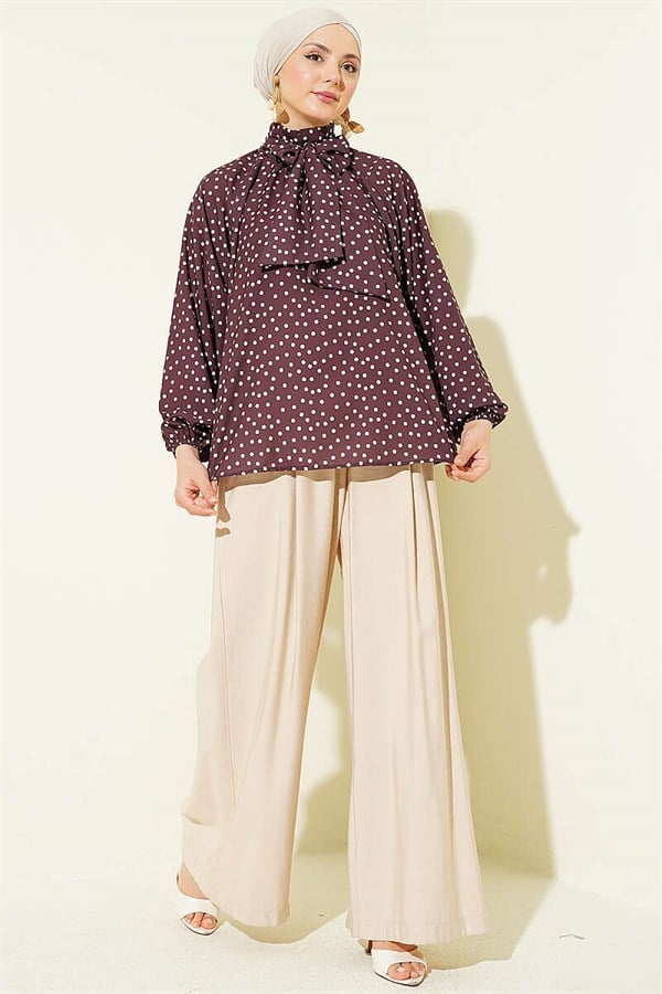 Polka Dot Tunic with Neckline, Brown