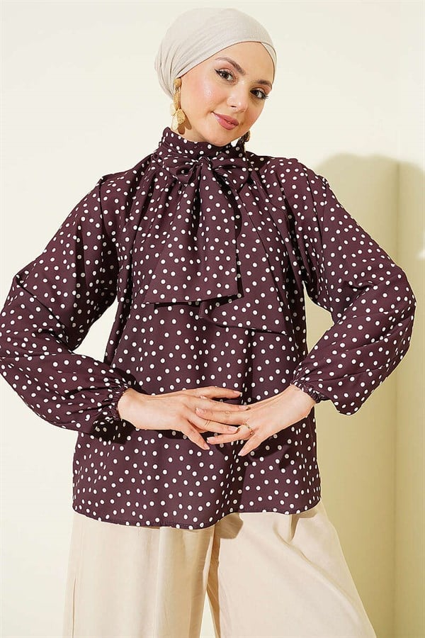 Polka Dot Tunic with Neckline, Brown