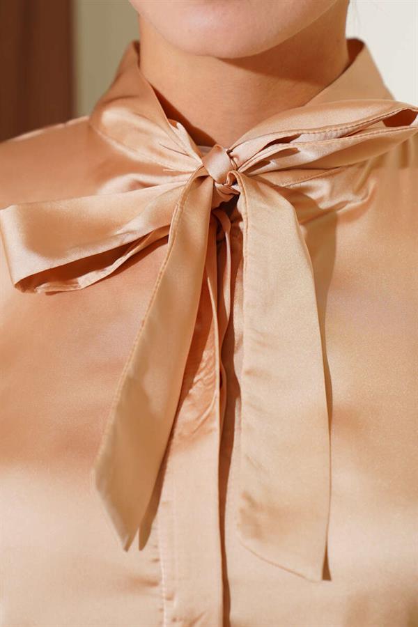 Satin Shirt with Tie Collar Camel