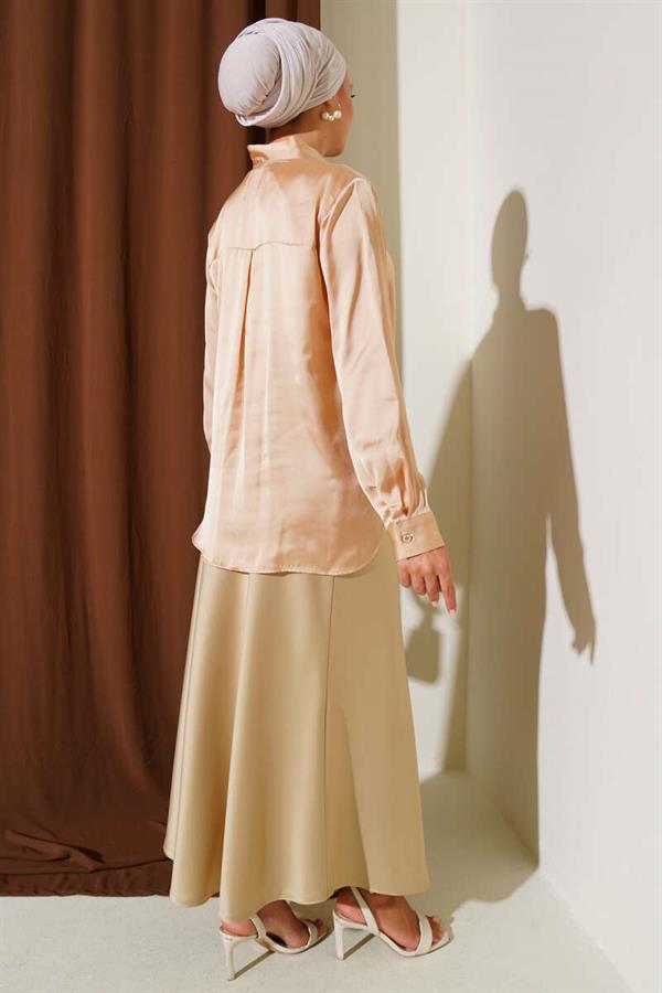 Satin Shirt with Tie Collar Camel
