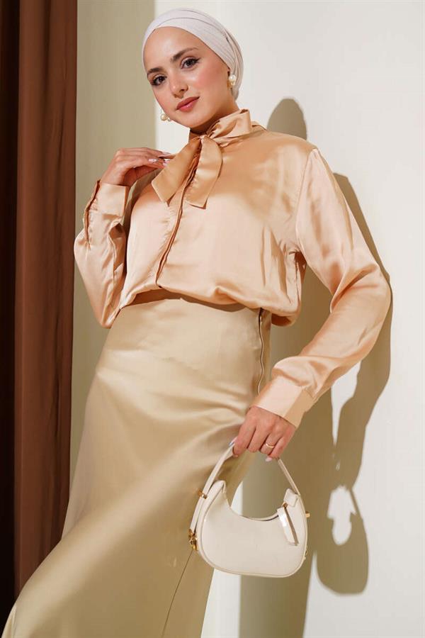 Satin Shirt with Tie Collar Camel