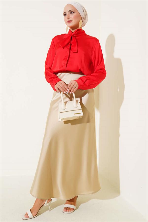 Satin Shirt with Tie Collar Red