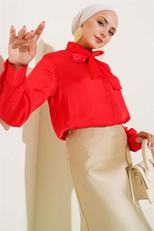 Satin Shirt with Tie Collar Red