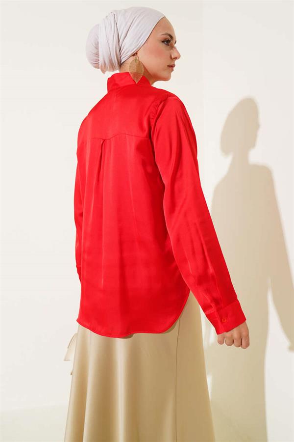 Satin Shirt with Tie Collar Red