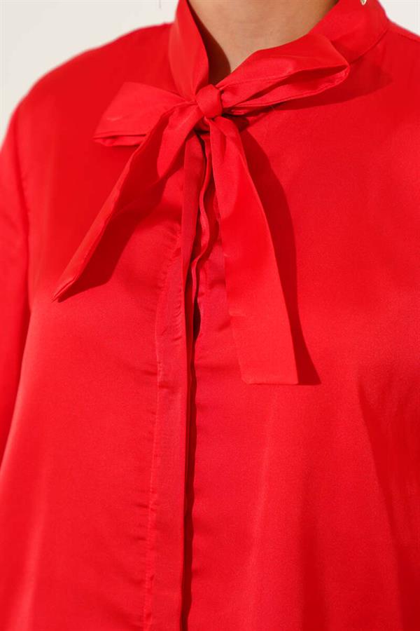 Satin Shirt with Tie Collar Red