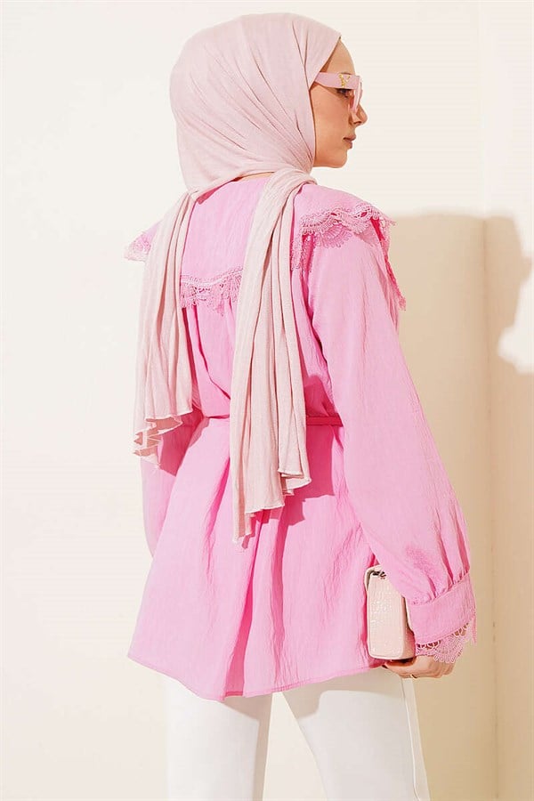 Pink Sailor Collar Shirt with Lace Trim at Collar and Cuffs