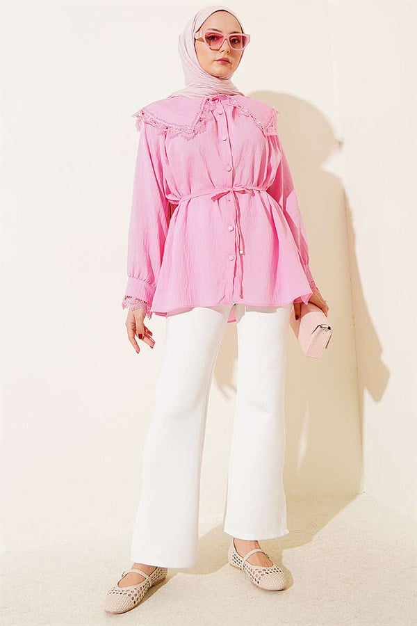 Pink Sailor Collar Shirt with Lace Trim at Collar and Cuffs