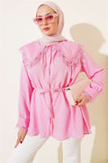 Pink Sailor Collar Shirt with Lace Trim at Collar and Cuffs